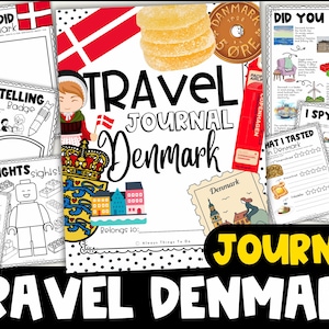 May include: A colorful travel journal titled "Travel Denmark" with various activity pages. The journal includes illustrations of Danish flags, landmarks, and food. The cover features the text "Travel Journal Denmark" in large, bold letters.