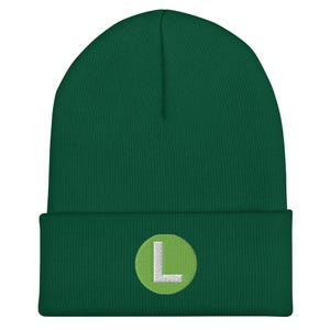 ルイージ L ロゴ - マリオ風カフ付きビーニー、帽子、複数の色、刺繍文字 L、グリーンのロゴ