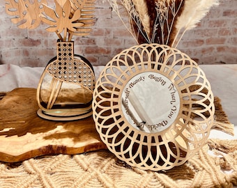 Boho Wooden Laser Cut Daisy Flower Sunburst Accent Mirror w/ Customized Quote • 10.5" Round • Magnetic Hanging works on Market Booth Walls