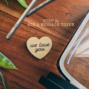 Custom Engraved Message on 1" Laser Cut Wooden Heart Token Keepsake for Separately Sold Laser-Cut Vase & Birth Flower Stems
