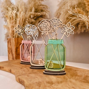 Mini 3D Laser Cut Mason Jar Standing Display Flower Bud Vase Everlasting Bouquet Alternative, Add Wooden Floral Stems + Tokens Separately