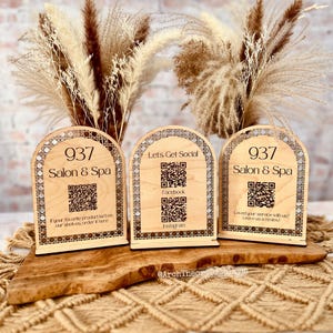 10&quot; Social Media QR Code Logo Sign Wooden Rattan Boho Arch for Small Business Market Vendor Table Display - Let’s Get Social, Scan to Pay