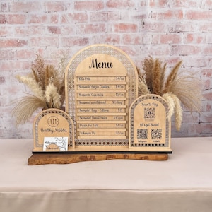 Custom Order for Bakery Business • Boho Rattan Triple Arch Wooden Business Sign • Tabletop Display for Price Menu, Card Holder, QR Code