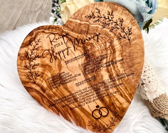 Recipe for a Happy Marriage Wedding Gift | Custom Engraved Rustic Heart Olive Wood 8” Cutting Board | Cute Marriage Quote | Anniversary Gift