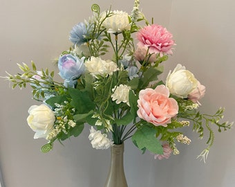 Easter Flowers, Blue pink and white flower bush, Peony, Chrysanthemum, Hydrangea, fake flowers, artificial, bridal bouquet, wedding bouquet