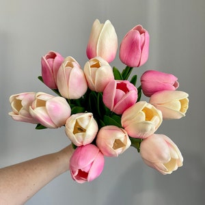 Easter Flowers, Set of 15 Stems, Artificial Tulip Stems, 14&quot;, Real Touch Pink Easter Flowers Fake Easter Tulips Fake Artificial Flowers