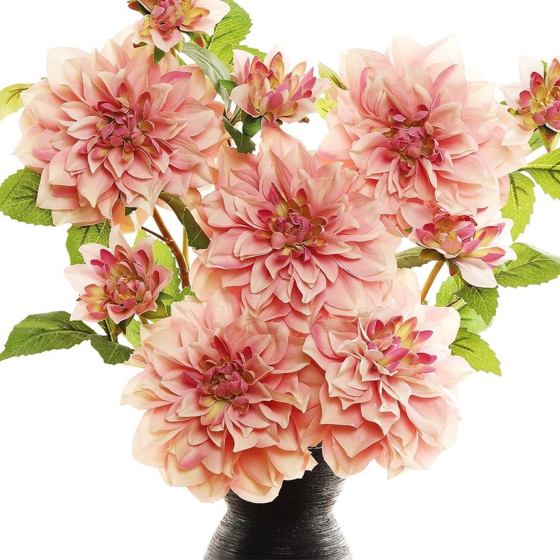 Set of 5, Pink Dahlia Stems, fake flowers, artificial flowers, bridal bouquet, wedding bouquet, fake Dahlia stems, wedding flowers, Spring image 1