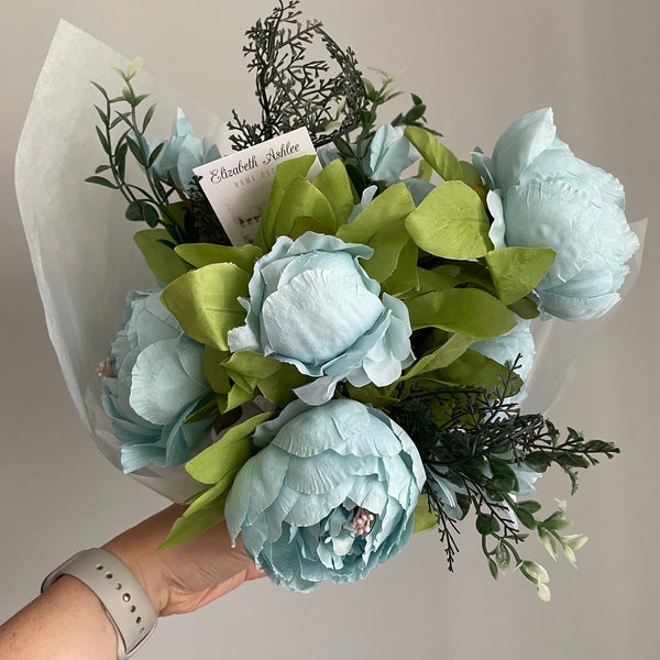 Baby Blue Peony Bouquet, Silk flowers, artificial flowers, bridal bouquets, Silk peony bouquet, artificial peony bouquet, wedding flowers
