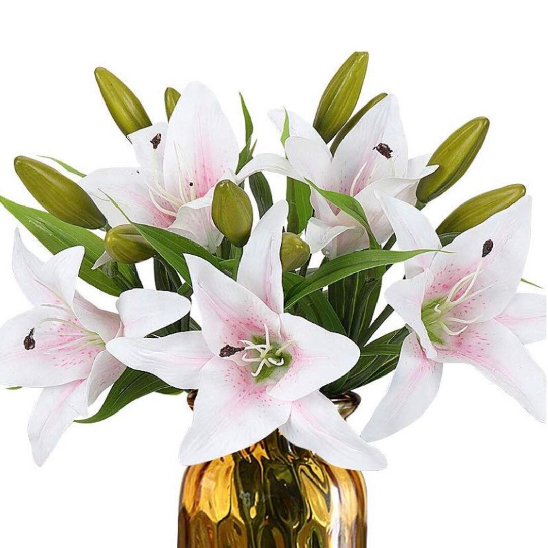 Set of 5 Stems, Artificial Tiger Lily Stems, White Pink Center, Tiger