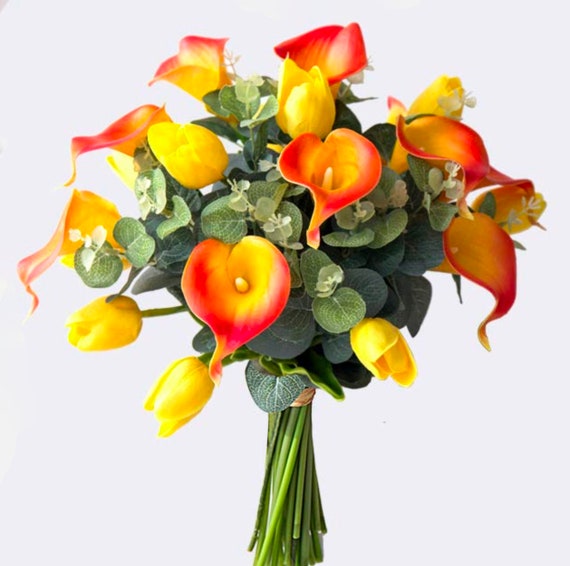 1 Bundle Artificial Yellow Orange Red Calla Lily Stems Etsy