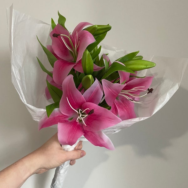 Set of 5 stems, Artificial Tiger Lily Stems, Dark Pink Tiger Lily Flowers, Real Touch, Tiger Lilies, Artificial Flowers, Wedding Flowers