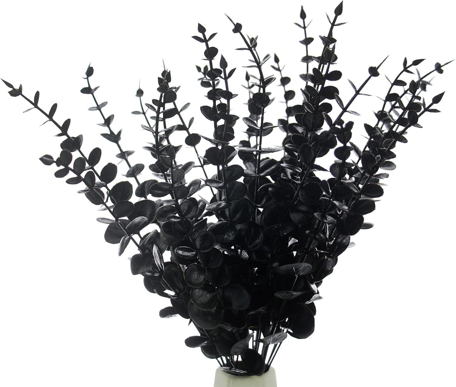 Black Fake Eucalyptus Stems Gothic Wedding Real Touch Eucalyptus Stems Filler Flowers Halloween Flowers, Halloween Floral Arranging, 26 Stem