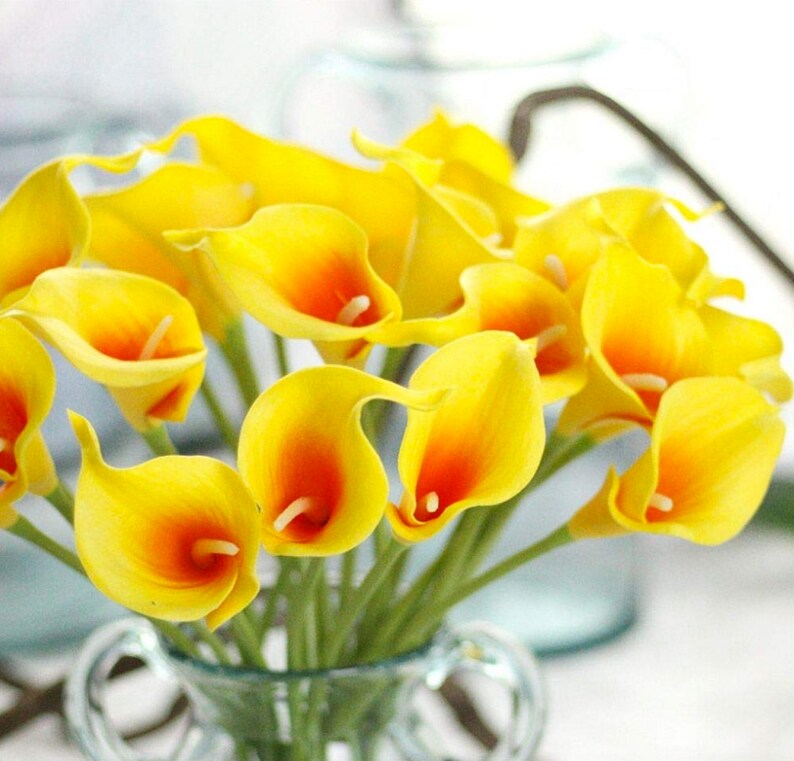 Artificial Flowers Wedding Flowers Yellow and Orange Calla Lily Stems Set of 12 Real Touch Artificial Calla Lily Fake Calla Lily