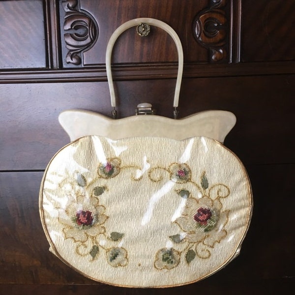 RARE Vintage Claire Fashions Lucite Frame Handbag Purse Needlepoint Embellished