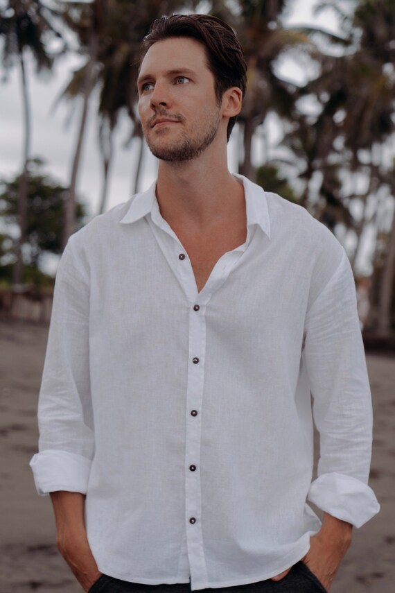 Men Linen Shirt White Collared Shirt Long Sleeve Linen Shirt | Etsy