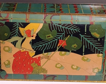 Antique art deco Canco metal candy box with woman holding parasol