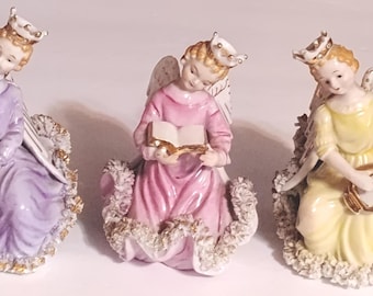 Vintage Lot Of 3 Porcelain Ardalt Spaghetti Trim Angel Figurines Book, Harp, and Cross