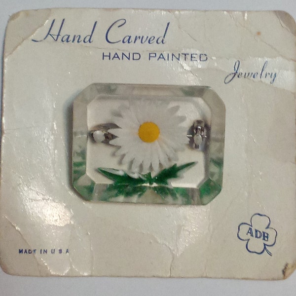 Hand Carved Hand Painted Clear Lucite Daisy / Pin On Original Card
