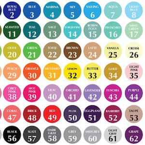 May include: A chart of 63 color swatches with names and numbers. The colors are arranged in rows and columns. The colors include navy blue, royal blue, blue, marina, sky, sailing, aqua, light blue, ice, army, seaweed, teal, sage, turquoise, robin eggs, pistachio, mint green, mint blue, lime, olive, green, toffee, brown, latte, vanilla, cream, stone, flesh, peach, orange, mustard, lemon, butter, gold, light pink, pink, mauve, girly pink, hot pink, lilac, orchid, lavender, fuchsia, purple, blush, rose, coral, brick, red, plum, eggplant, raspberry, taupe, gold glitter, silver glitter, black, slate, dark gray, grey, midgrey, light gray, grape, and berry.