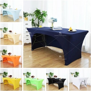 May include: A set of 10 tablecloths in various colors, including blue, orange, green, yellow, and white. The tablecloths are made of stretchy spandex material and fit snugly over rectangular tables. They are perfect for protecting your table from spills and stains.