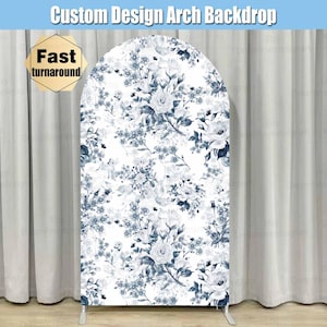 Blue Floral Toile de Jouy Arch Backdrop Cover Stand Navy Dusty Blue Flowers Chinoiserie Baby Girl Bridal Shower Party Custom Arched Sign