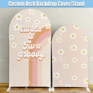 Zwei Groovy Arch Backdrop Cover Gänseblümchen Regenbogen Mädchen Baby Eins 1.2.Geburtstagsparty Hippie Retro Metallständer Stoff Chiara Wall Tension Panels