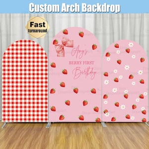 Supporto per fondale ad arco di fragole Coquette Bow Plaid a scacchi Berry First 1st Birthday Party personalizzato Pink Baby Girl Shower Arched Chiara
