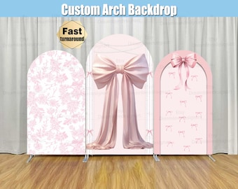 Pink Bow Arch Backdrop Cover Stand Toile Bridal Coquette Baby Bridal Shower Girl Party Custom Floral First Birthday Arched Chiara Wall Panel
