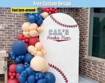 Support de toile de fond en arc de baseball personnalisé Année recrue Anniversaire de bébé garçon Fête d'anniversaire arqué 1er bleu Chiara panneaux muraux douche B016