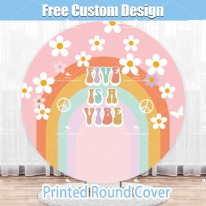 Groovy Five is a Vibe Birthday Round Backdrop Cover Daisy Retro Hippie Summer Pool Party Custom Circle Baby Girl 1st Birthday Pink Photo