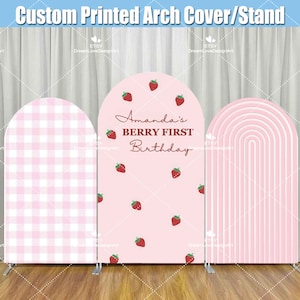 Supporto per fondale con arco di fragole, primo compleanno, festa di compleanno, rosa personalizzato, doccia per bambina, pannelli da parete ad arco Chiara personalizzati G195