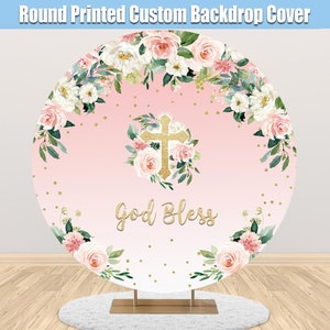 Custom Pink God Bless Round Backdrop Cover Flowers Baby Baptism Christening Party Circle Girl Boy Photo Background Personalized Banner