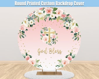 MEHOFOND 2,1 x 1,5 m Prima Comunione e Battesimo Sfondo Boemia Tema Rosa Fiore Dio Benedica Fotografia Sfondo Oro Croce e Puntini Pastello Baby Shower Torta Smash Decor