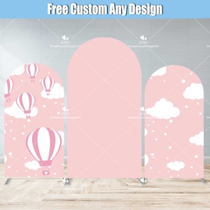 Rosa globo aerostático arco telón de fondo cubierta metal soporte marco bebé niña fiesta de cumpleaños aventura personalizada espera paneles de pared arqueados Chiara 1er