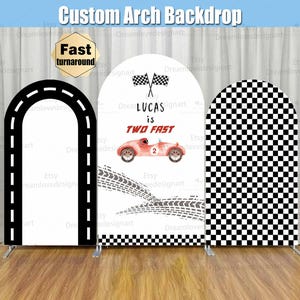 Two Fast Racing Car Arch Backdrop Cover Stand Red Race Car Baby Boy One 1st 2nd Birthday Party Checkered Chiara Wall Stretchy Panel Arched