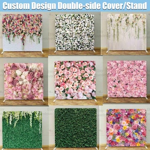 May include: A collection of nine rectangular double-sided covers and stands featuring various floral and greenery prints, including pink roses, white blossoms, hanging vines, and lush green grass textures, with the text Custom Design Double-side Cover/Stand.