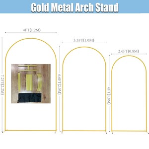 May include: Gold metal arch stand with dimensions shown. The largest arch is 2.2 metres tall and 1.2 metres wide. The middle arch is 2.0 metres tall and 1.0 metre wide. The smallest arch is 1.8 metres tall and 0.8 metres wide. Text reads 'Gold Metal Arch Stand'.