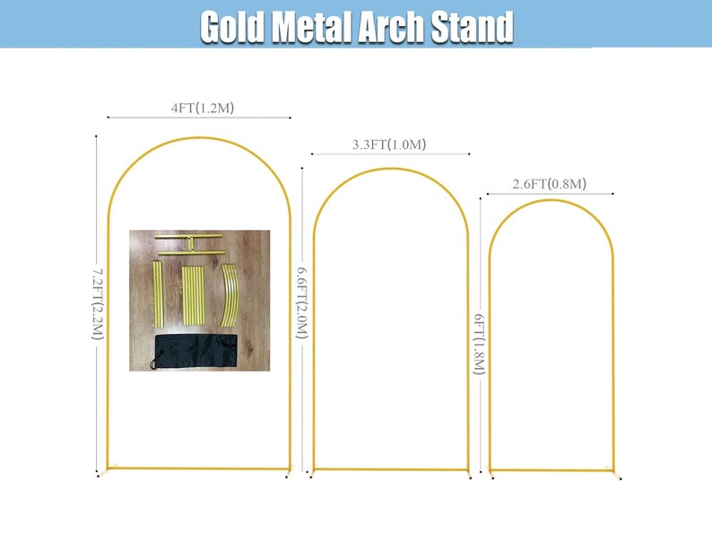 May include: Gold metal arch stand with dimensions shown. The largest arch is 2.2 metres tall and 1.2 metres wide. The middle arch is 2.0 metres tall and 1.0 metre wide. The smallest arch is 1.8 metres tall and 0.8 metres wide. Text reads 'Gold Metal Arch Stand'.