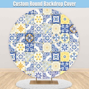 Mediterranean Round Backdrop Cover Positano Morocco Bridal Shower Circle Custom Arch Garland Party Wedding Girl Birthday Circular Background