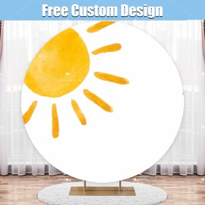 Here Comes the Sun Round Backdrop Cover Boy Baby Shower Custom Retro Groovy Sun Sunshine Party Circle Photo Background Personalized R017