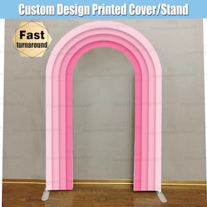 5 x 7,5 ft 3D-rimpelingen Open boogstandaard met deksel Roze achtergrond met kleurverloop Aangepaste panelen Verjaardag babyfeestje Gebogen chiara muur fotoslinger