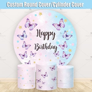 Butterfly Round Backdrop Cylinder Covers Purple Baby Girl Shower Birthday Party Custom Circle Photo Background Pedestal Stand Personalized