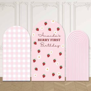 Sfondo per arco di compleanno Berry First per feste di compleanno, feste di compleanno personalizzate, supporto ad arco rosa per baby shower, pannelli da parete Chiara personalizzati