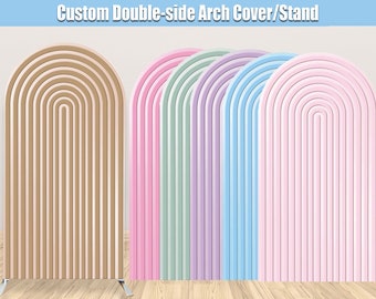 May include: Five double-sided arch covers/stands in different colors: brown and white, pink and white, green and white, purple and white, and light blue and white. The arches are made of a rigid material and have a rounded top.