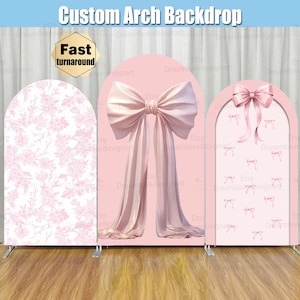 Pink Bow Arch Backdrop Cover Stand Toile Bridal Baby Shower Girl Party Custom Coquette Floral First 1st Birthday Arched Chiara Wall Panels