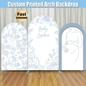 Dusty Blue Baby Shower Arch Backdrop Cover Stand Floral Baby Girl Toile Chinoiserie Party Panel Chiara Wall Arched Custom Welcome Sign