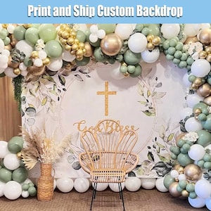 God Bless Party Backdrop Greenery Baptism Christening Baby Rustic Photography Background Religious Photo Boy Girl Shower Banner