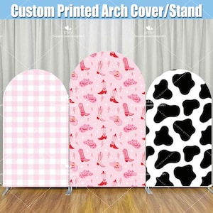 Disco Cowgirl Arch Backdrop Cover Stand Custom Retro Cow Pattern First Rodeo Pastel Pink Baby Girl Birthday Party Chiara Wall Arched L009