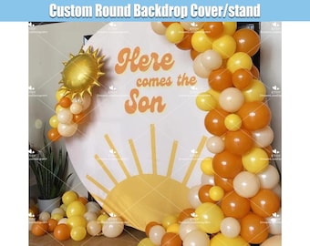 Here Comes the Son Round Backdrop Cover Boy Baby Shower Custom Retro Groovy Sun Sunshine Party Circle Photo Background Personalized R004