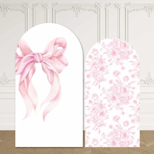 May include: Two arched display panels featuring a white background. The left panel displays a large, soft pink watercolor-style ribbon bow. The right panel is covered in a repeating pattern of delicate pink floral illustrations on a white base.